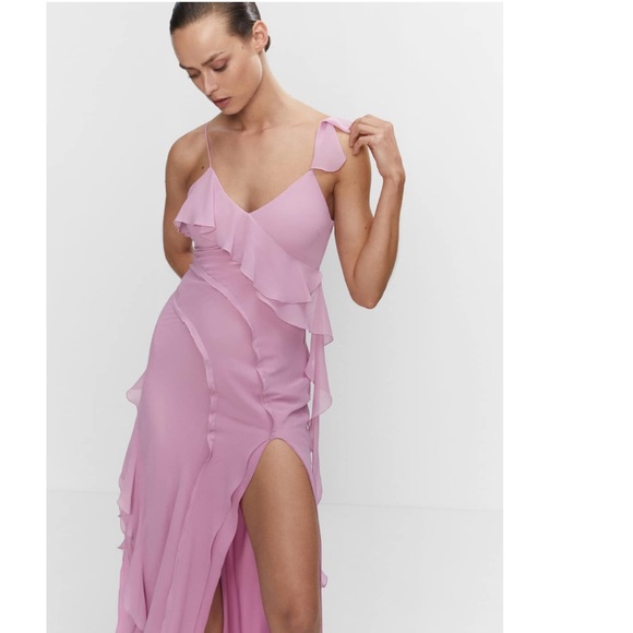 RARE MANGO RUFFLES SLIT DRESS PASTEL PINK - Picture 9 of 9